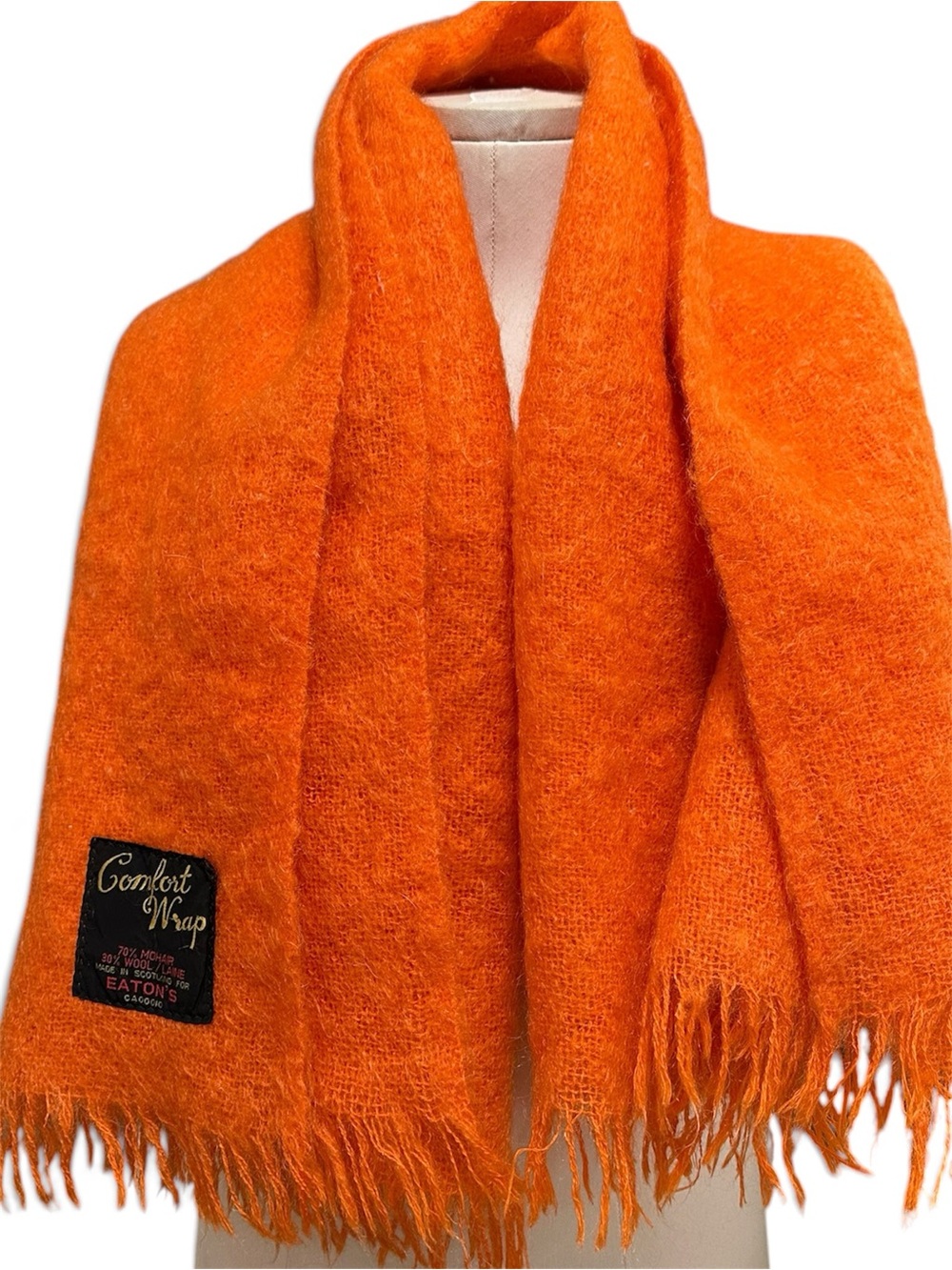 Vintage Eatons Made in Scotland Wool Orange Fringed Shawl Scarf
